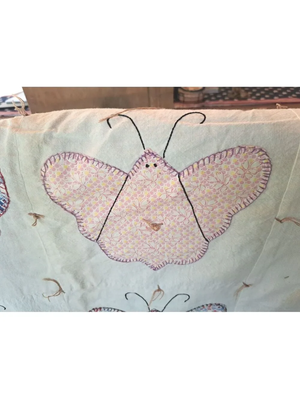 Vintage Handmade Butterfly Applique and Embroidery Feed-Sack Quilt 54